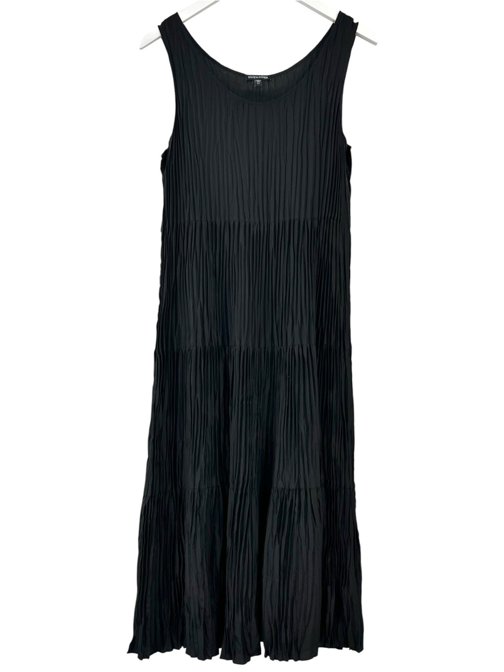 NWOT Eileen Fisher Crushed Silk Tiered Black Pleated Miyake Style Midi Dress